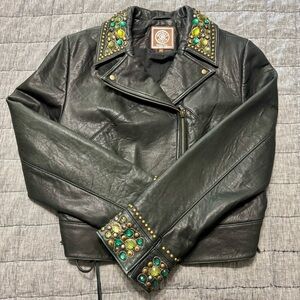 Double D Ranch Leather Jacket Rare Bejeweled Women’s Large Black Western Cross